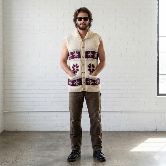 Vintage Handmade Knit Cardigan Sweater Vest Shawl Collar Mens Large Cowichan 70s - Picture 3 of 11